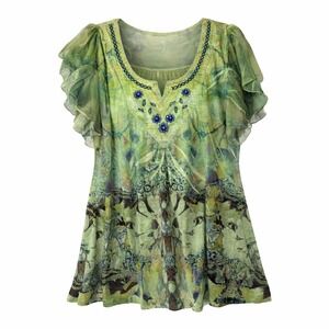 Live and Let Live Green Boho‎ Fairy Embellished Flutter Sleeve Tunic Top Size 2X